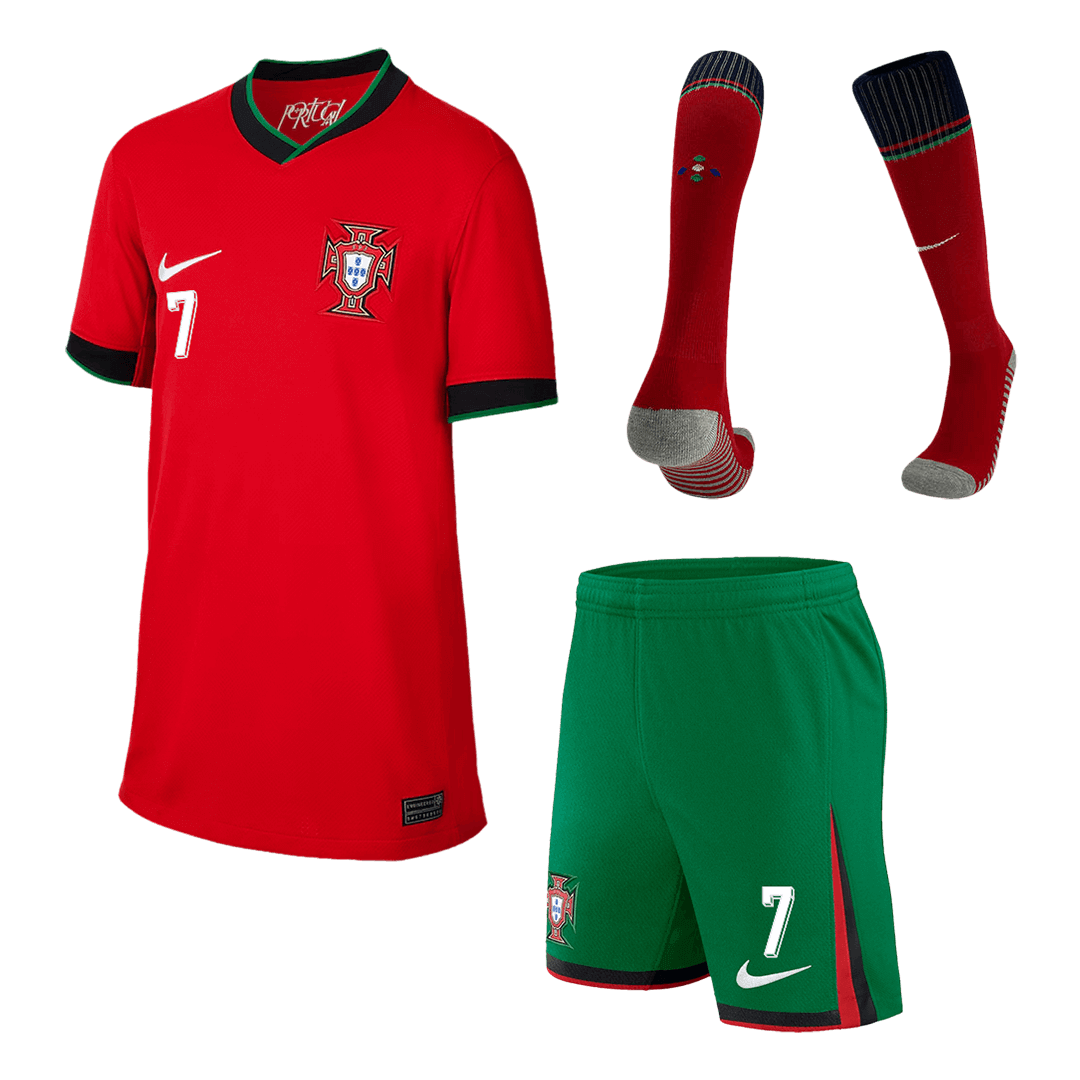 Kid's RONALDO #7 Portugal Home Soccer Jersey Kit(Jersey+Shorts+Socks) Euro 2024