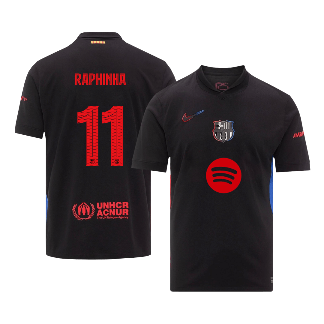 Barcelona Jersey Custom RAPHINHA #11 Soccer Jersey Away 2024/25 - UCL (Spotify Logo Without Text)