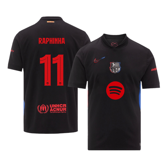 Barcelona Jersey Custom RAPHINHA #11 Soccer Jersey Away 2024/25 - UCL (Spotify Logo Without Text)