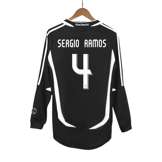Real Madrid Retro Jersey Custom SERGIO RAMOS #4 Soccer Long Sleeve Jersey Away 2006/07