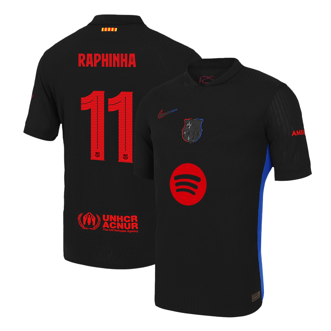 Player Version Barcelona Jersey Custom RAPHINHA #11 Soccer Jersey Away 2024/25 - UCL (Spotify Logo Without Text)