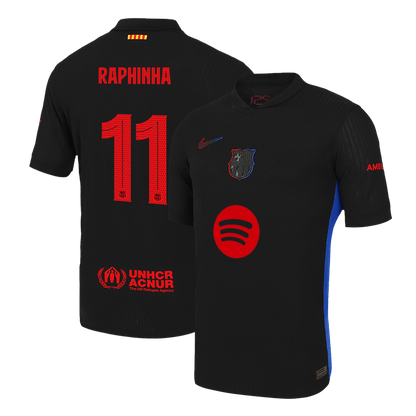 Player Version Barcelona Jersey Custom RAPHINHA #11 Soccer Jersey Away 2024/25 - UCL (Spotify Logo Without Text)