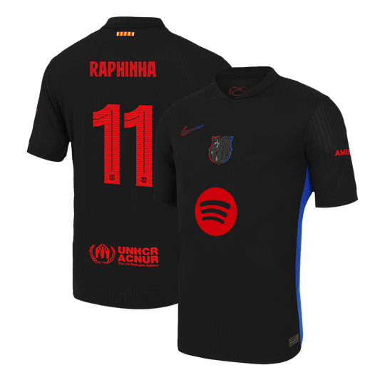 Player Version Barcelona Jersey Custom RAPHINHA #11 Soccer Jersey Away 2024/25 - UCL (Spotify Logo Without Text)