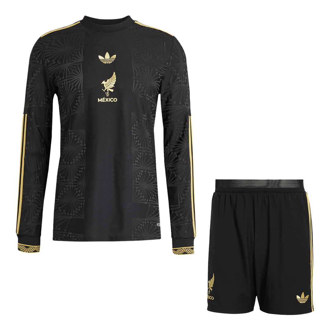Authentic Mexico Third Away Long Sleeve Soccer Jersey Kit(Jersey+Shorts) 2025 Black - Gold Cup