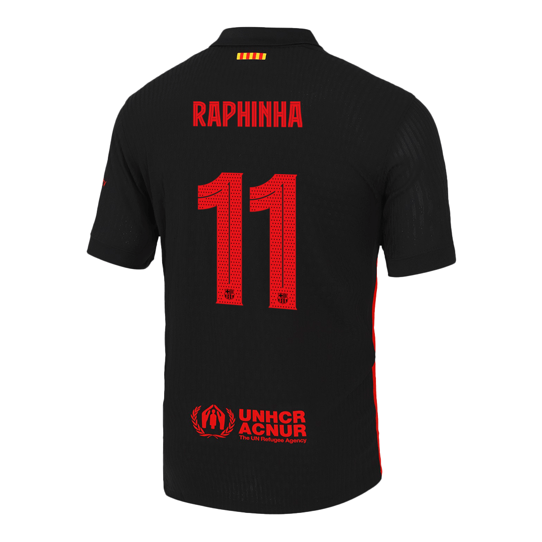 Player Version Barcelona Jersey Custom RAPHINHA #11 Soccer Jersey Away 2024/25 - UCL (Spotify Logo Without Text)
